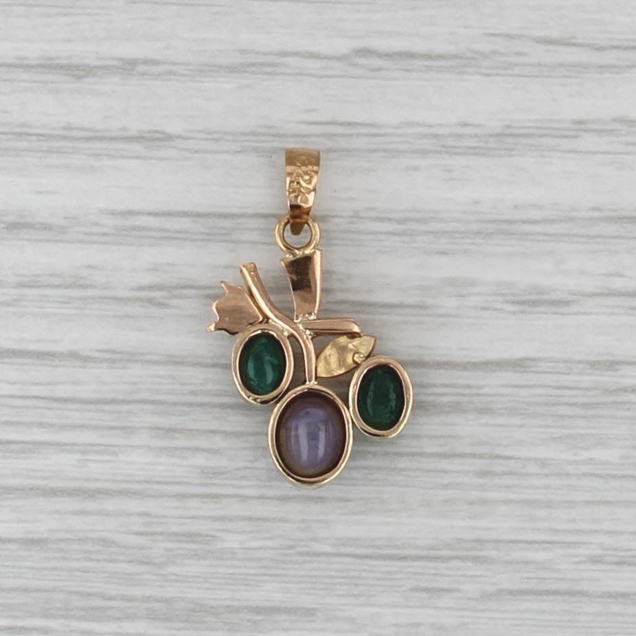 Purple Star Sapphire Emerald Cabochon Flower Pendant 22k Yellow Gold