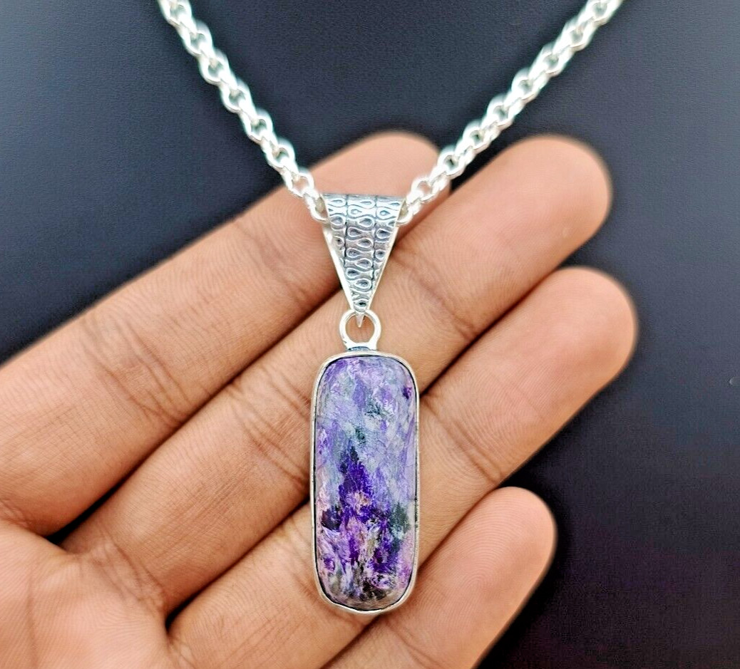Charoite Pendant 925 Sterling Silver Handmade Natural Bar Gemstone Jewelry Gift