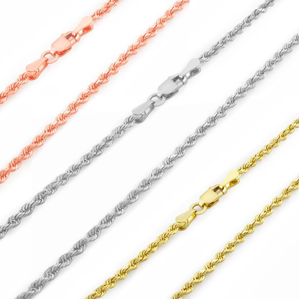 14K & 14K Rose White Yellow Gold 1.5mm-2.5mm Rope Chain Pendant Necklace 14″-30″