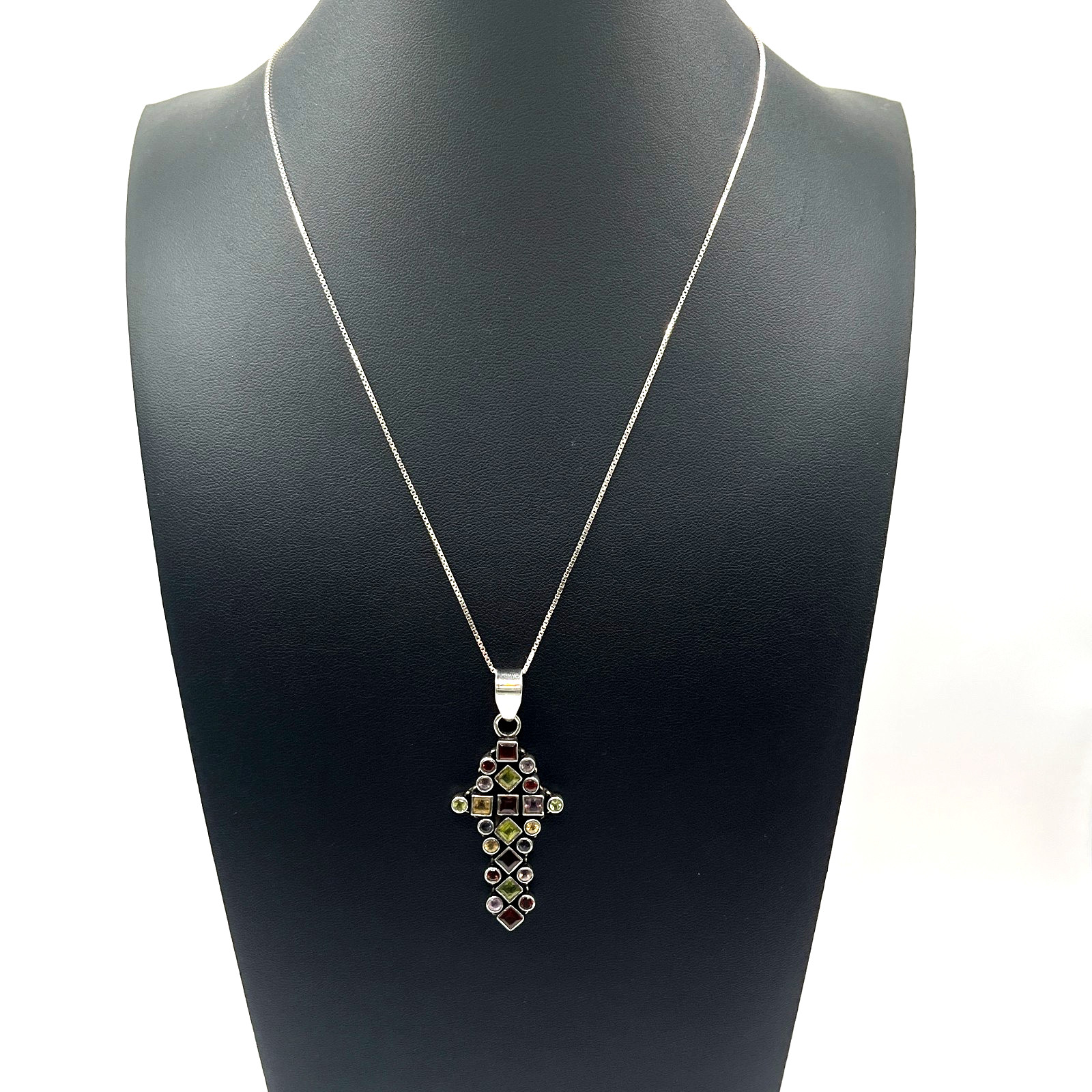 Cross Pendant Necklace Multi Gemstone Peridot Garnet Citrine VTG Sterling 925