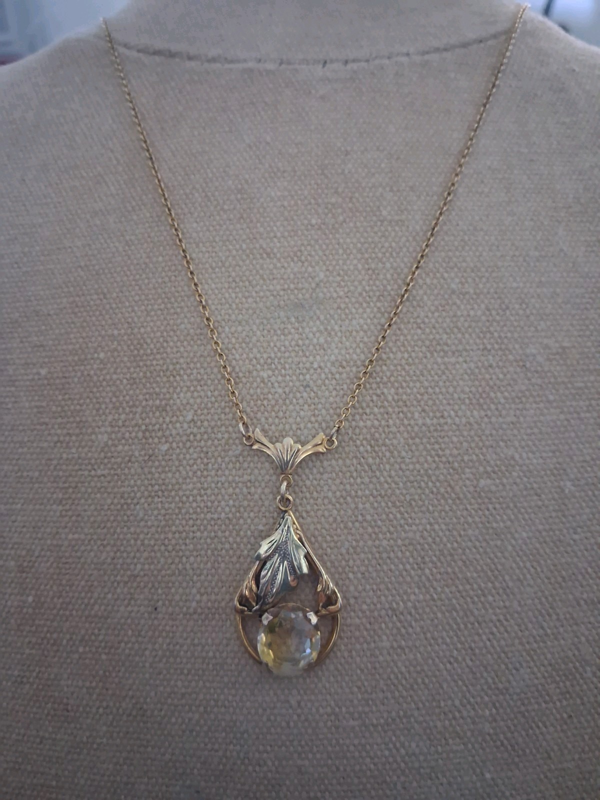 Art Deco 14k & 10k Yellow Gold Citrine Lariat Pendant Necklace 16″