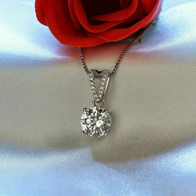 2Ct Round Lab-Created Diamond Solitaire Pendant Necklace 14K White Gold Finish