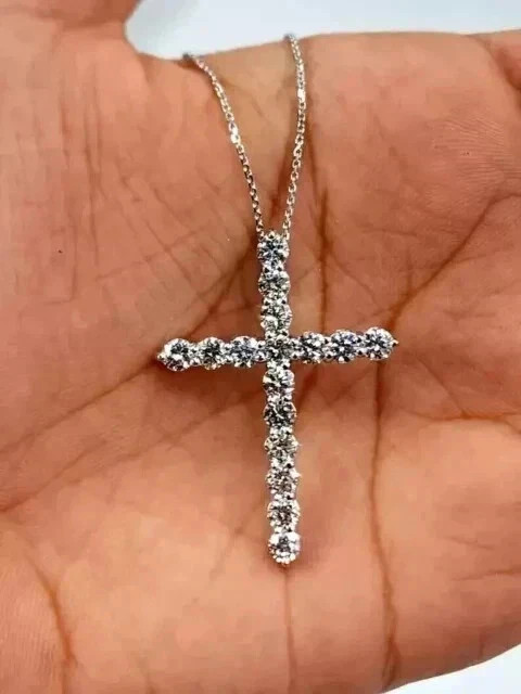 2Ct Round Cut White Moissanite Women’s Cross Pendant 14k White Gold Plated