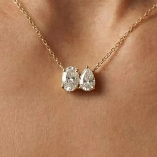 2Ct Oval/Pear-Cut Lab Grown Diamond Solitaire Toi Et Moi Pendant 14K Yellow Gold