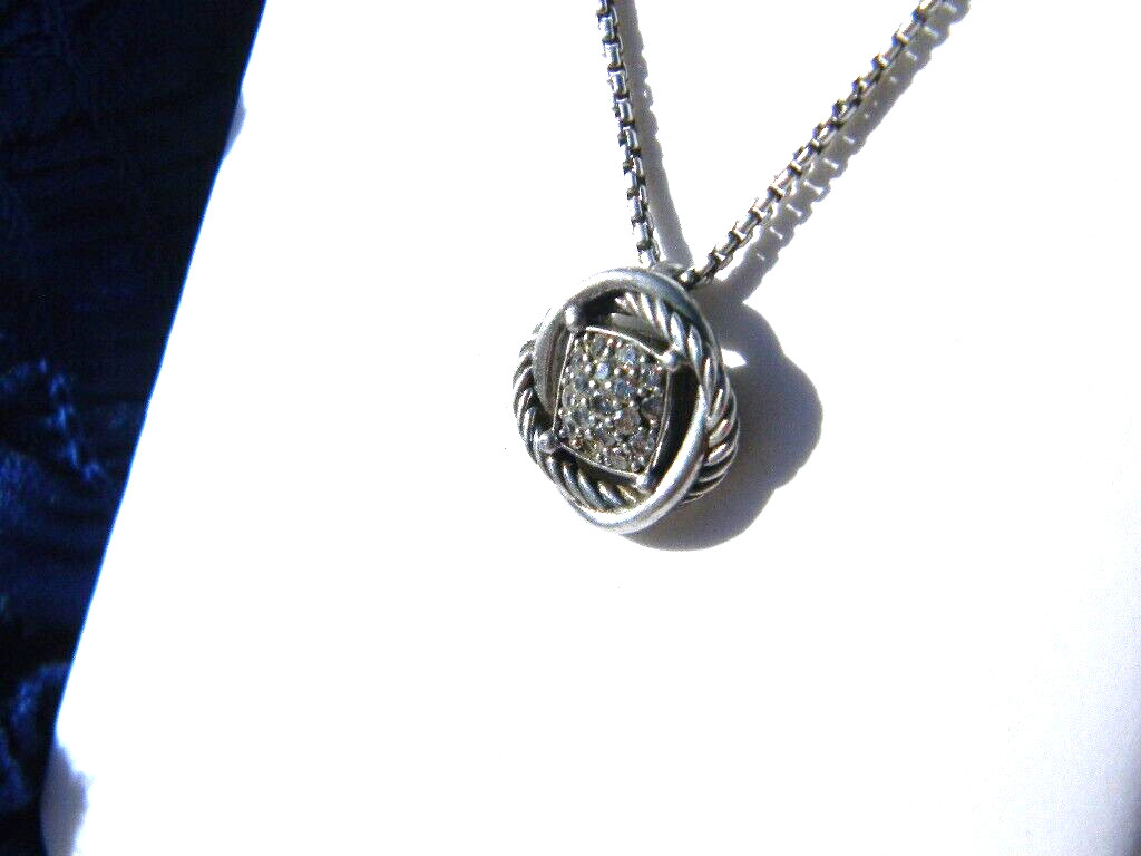 David Yurman Sterling Silver Pave Diamond Pendant Necklace 18”