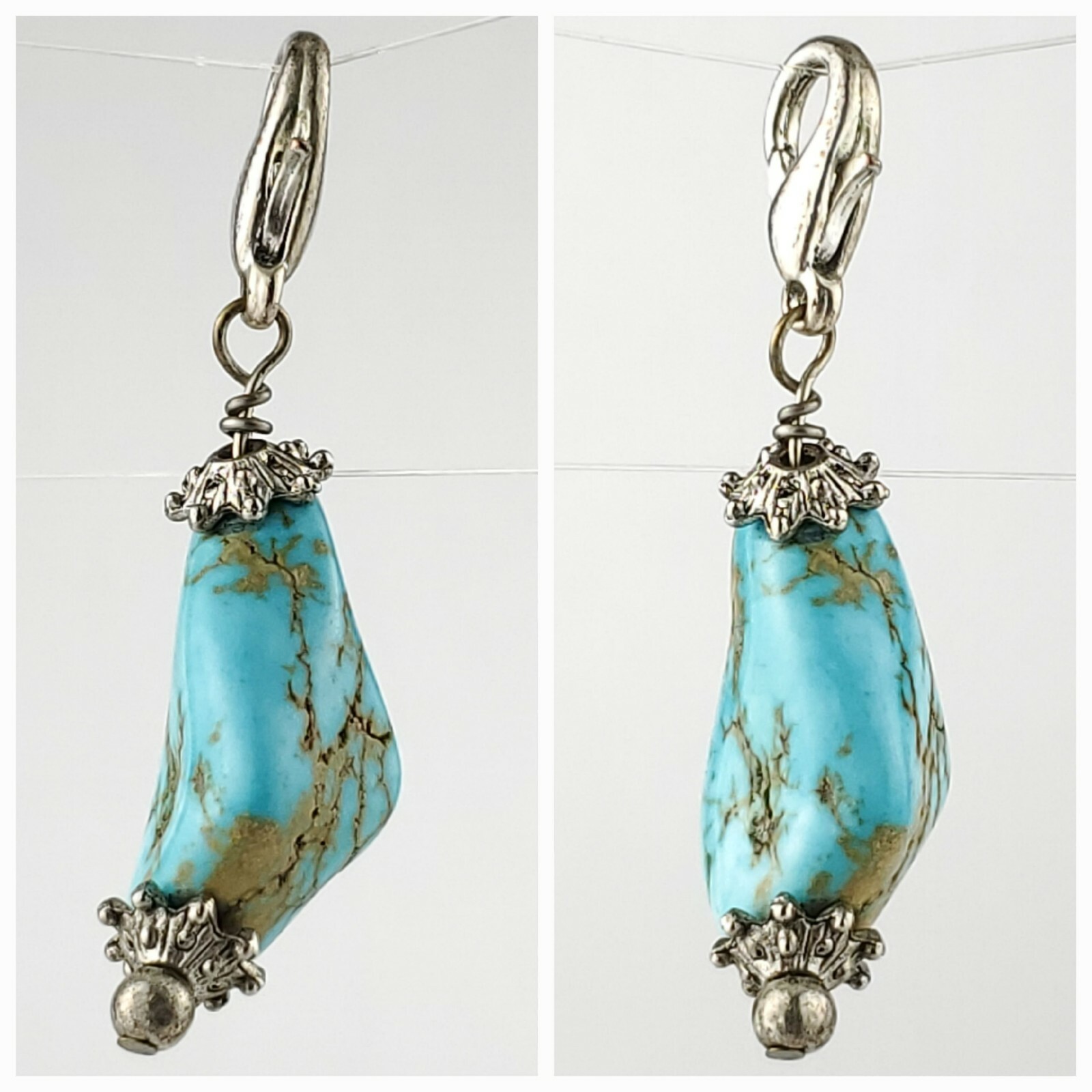 Handmade Turquoise Stone Nugget Charm Pendant Silver Tone Metal Lobster Clasp 2″
