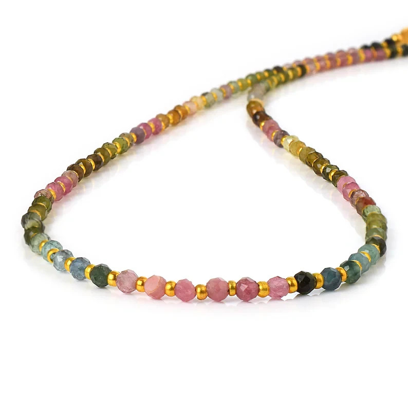 Natural Multi Tourmaline 3mm Round Beaded Necklace 925 Silver 18″ Handmade Gift