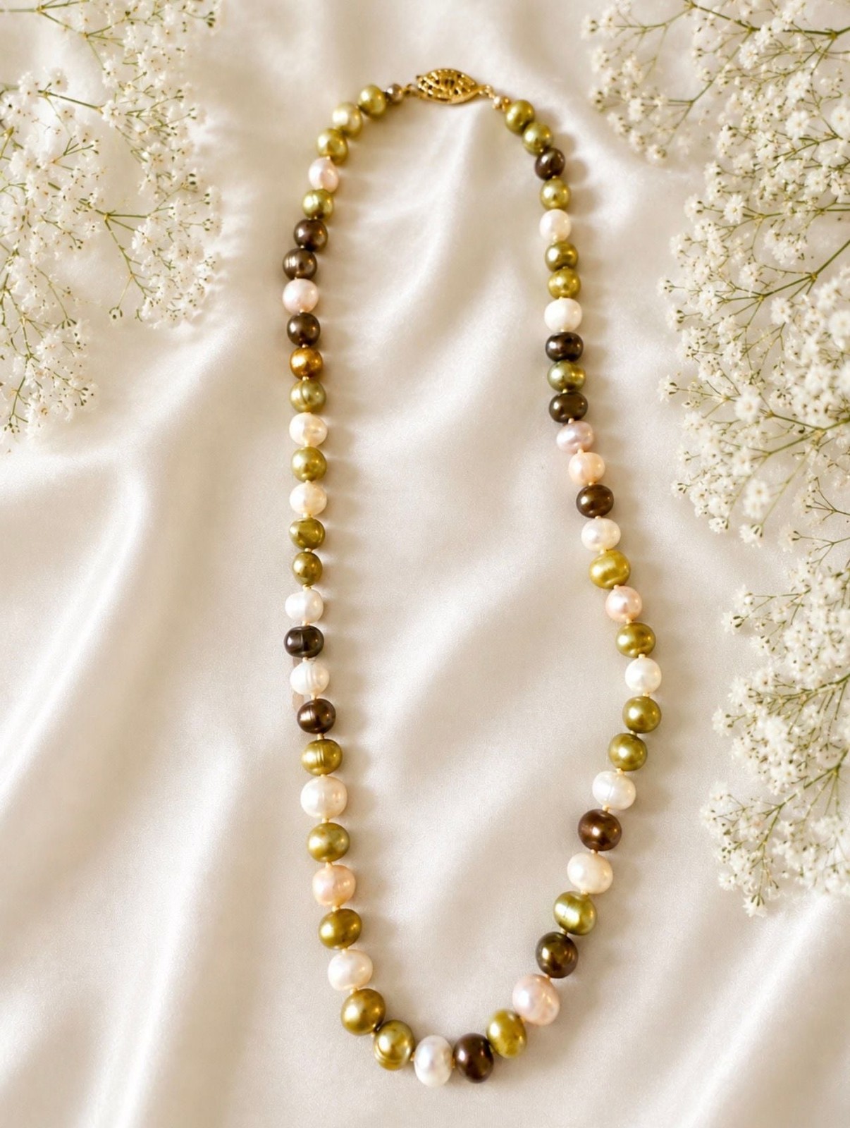 Cultured Freshwater Pearl Necklace Multicolor Green White Bronze 18”