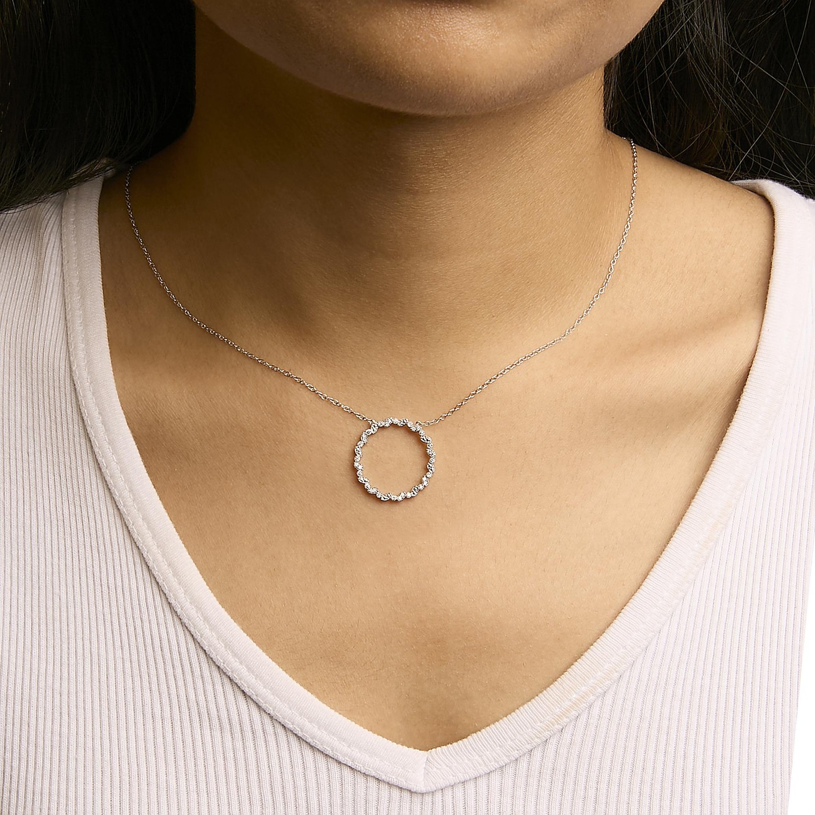 .925 Silver 1/7 Cttw Lab Created Diamond Beaded Love Circle Pendant Necklace