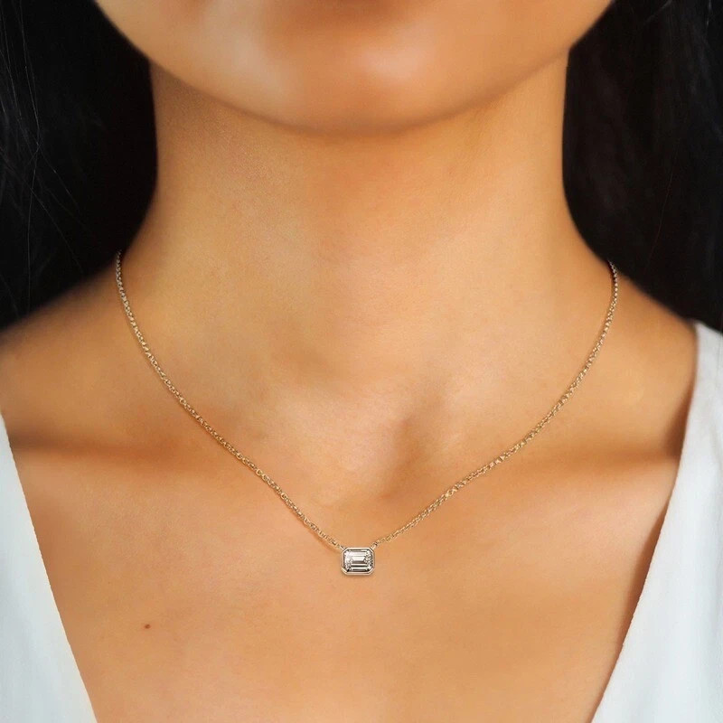1ct Emerald GRA Certified Moissanite Pendant Necklace 14k Gold Plated 925 Silver