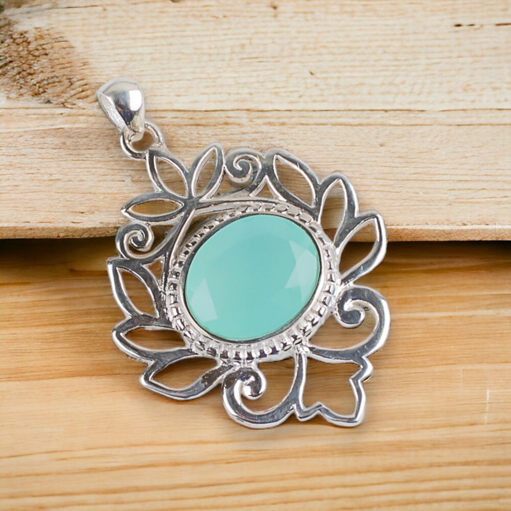 Aqua Chalcedony Gemstone 925 Silver Jewelry Handmade Pendant 1.48″ For Mother