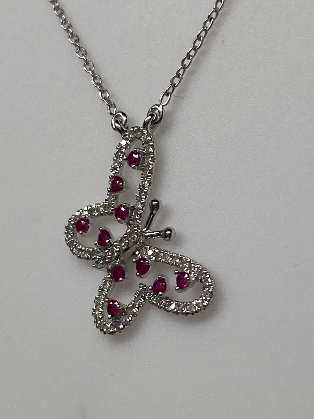 10K White Gold Natural Ruby and 0.20ct Diamond Butterfly Pendant and Chain NEW