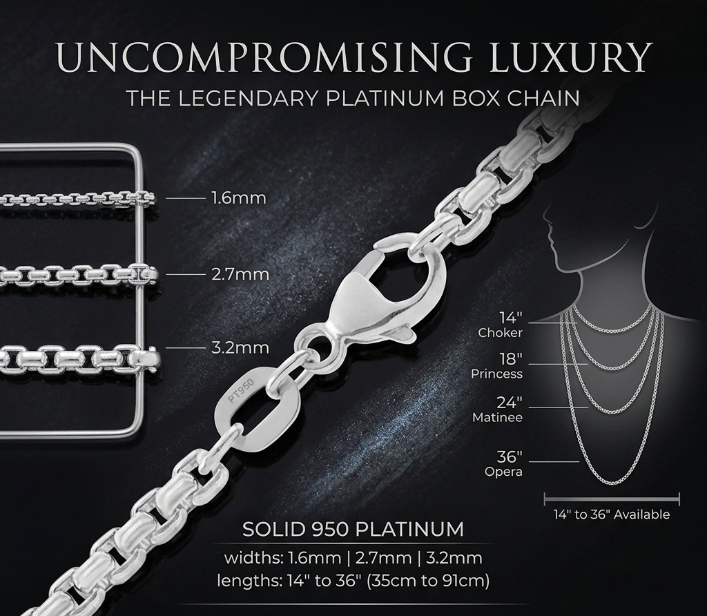 Round Box 950 Platinum Chain Necklace Widths 1.6mm, 2.7mm, and 3.2mm