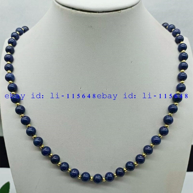 Beautiful 6mm Blue Lapis Lazuli Gold Choker Beaded Necklace Round Gemstone 18″