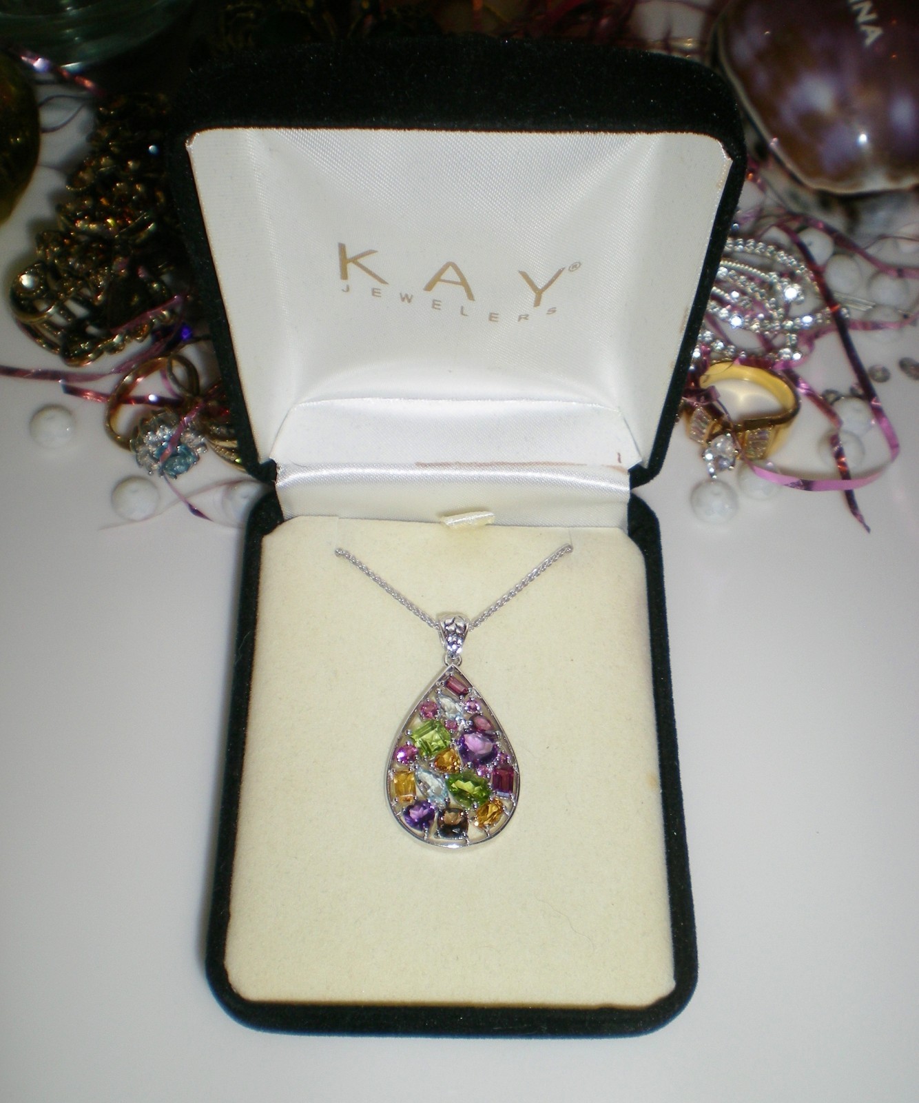 KAY Jeweler Sterling Silver Multi-Shape Natural Gemstone Teardrop Necklace 💎