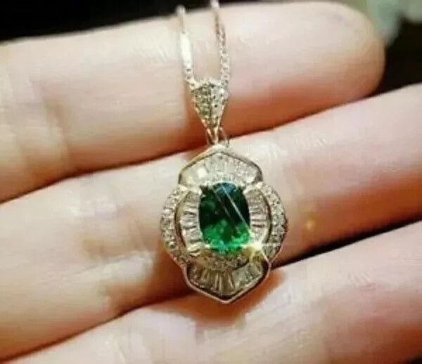 2.95Ct Oval Cut Green Emerald & Diamond Women’s Pendant 14k Yellow Gold Finish