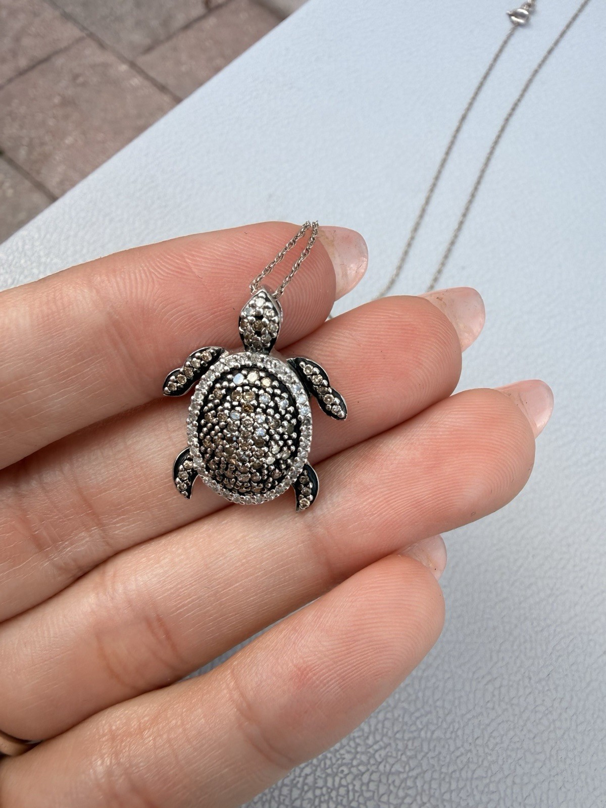 10K White Gold Diamond Sea Turtle Pendant Necklace Natural Diamonds