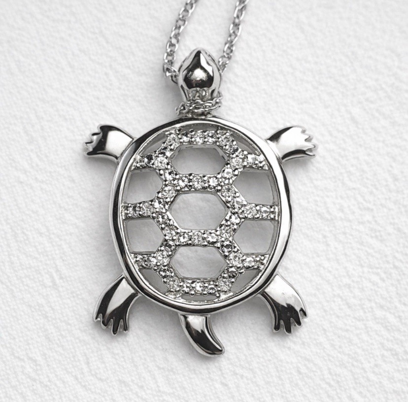Sterling Silver Diamond Turtle Pendant Necklace 1/10 CTW 925 20” Beach Ocean