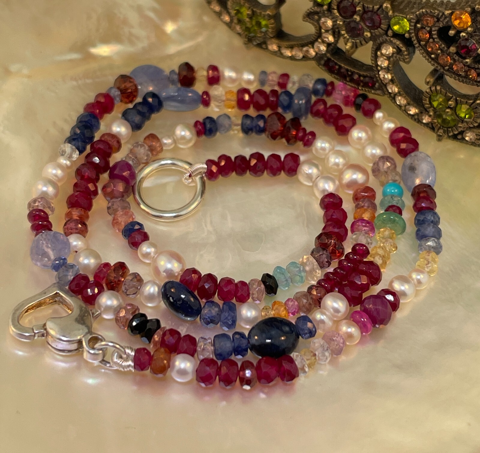 .925 Sterling Silver Ruby, Sapphire, & Gemstone Bead Necklace