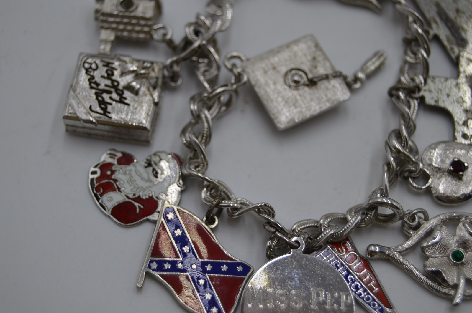 Monet Charm Bracelet W/ 6 Sterling Silver Charms,States,Flag,Santa,7.5″,R14