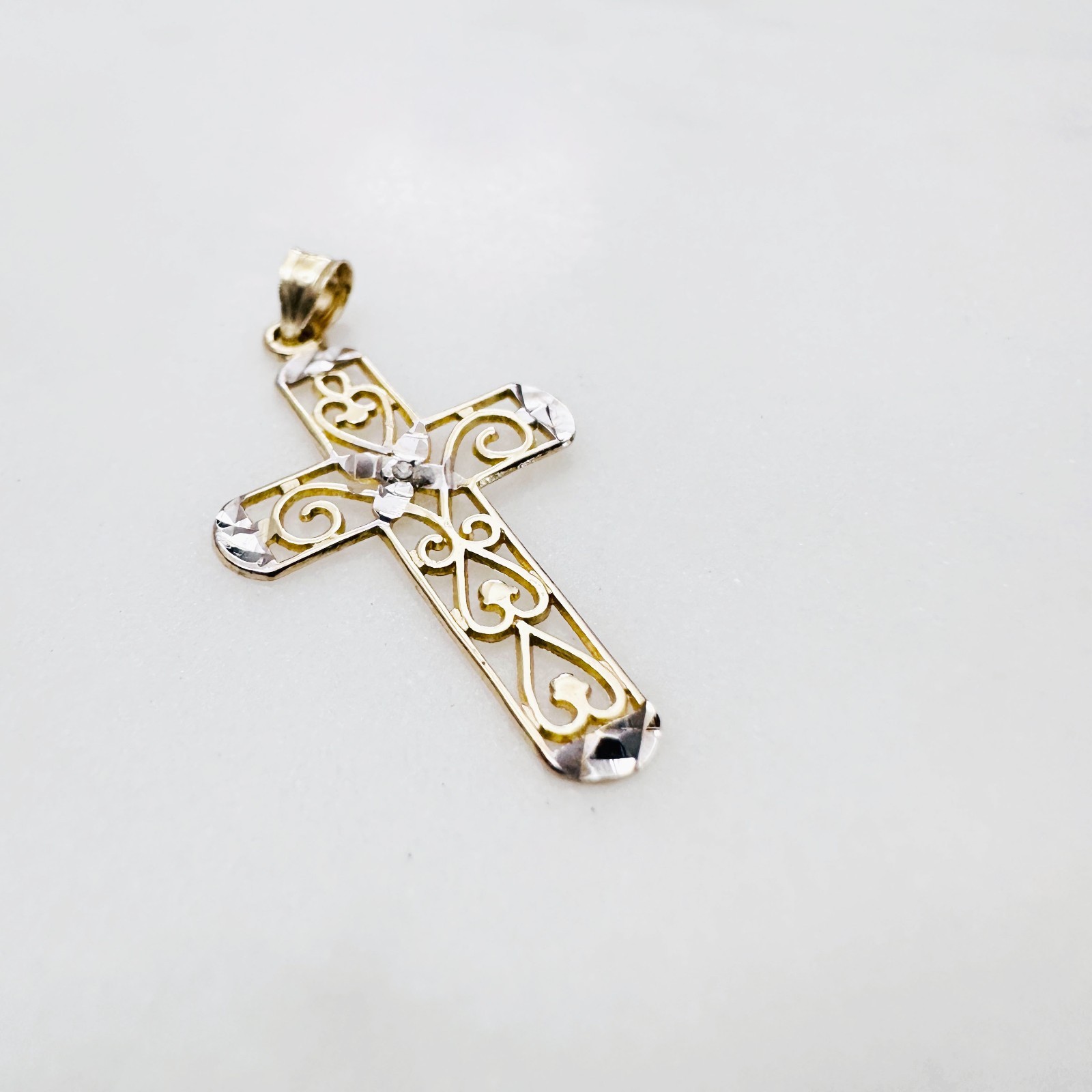 Solid 10K Multi-Tone Gold Filigree Cross Pendant w/White Sapphire Accent, 1.15″