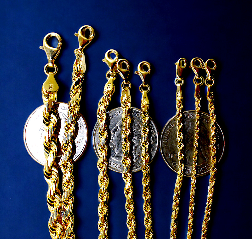 14K Yellow Gold 1mm-10mm Rope Chain Necklace Diamond Cut All Sizes Real