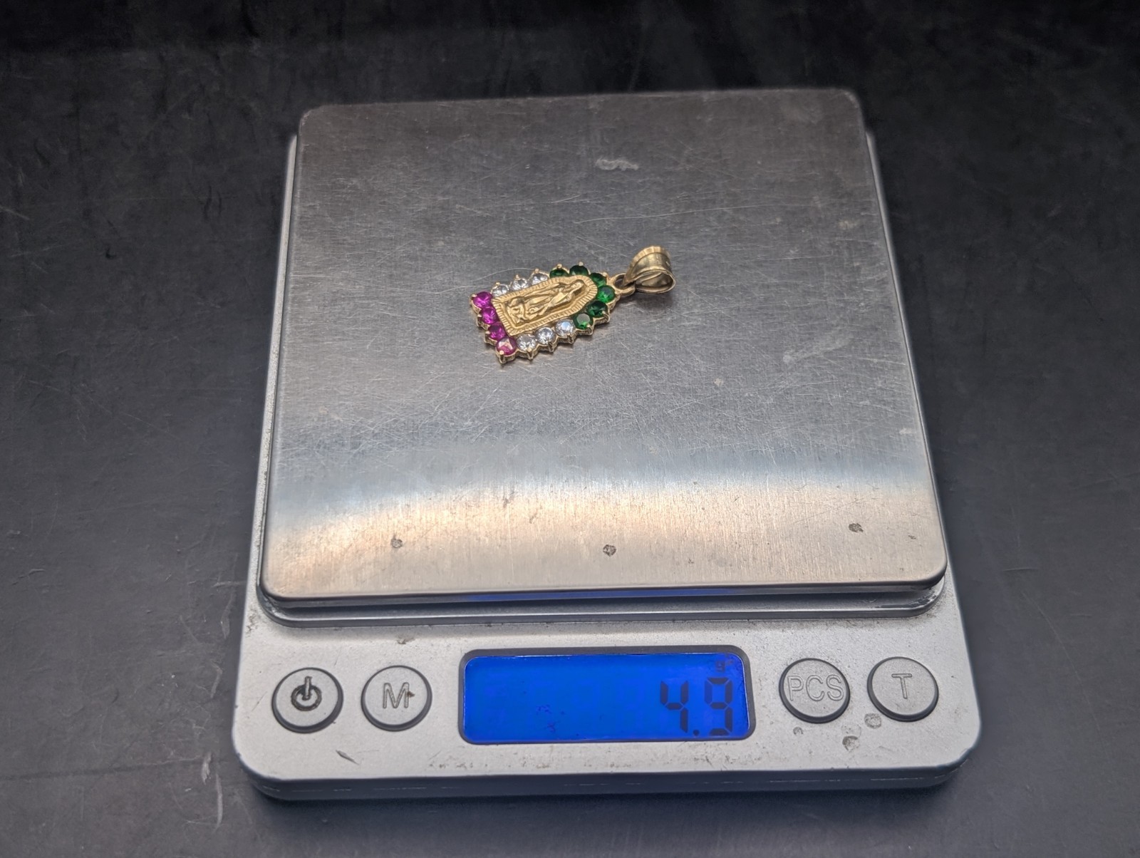 🔥 14K GOLD EMERALD RUBY & CZ VIRGIN MARY MEXICO COLORS PENDANT SIGNED 3.3 GRAMS