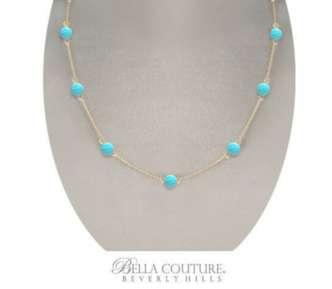 NEW RARE 14K YELLOW GOLD NATURAL TURQUOISE 18″ ANTIQUE VICTORIAN CHARM NECKLACE