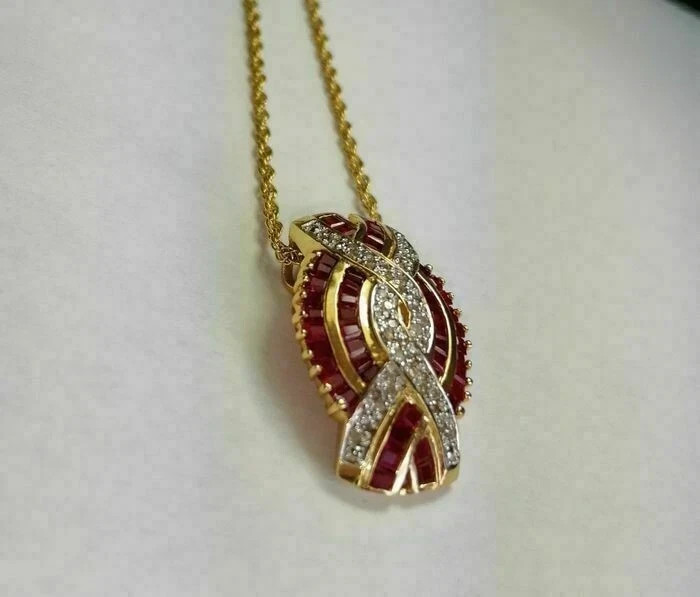 Crisscross Women Pendant Baguette Cut Lab-Created Ruby in 14K Yellow Gold Plated