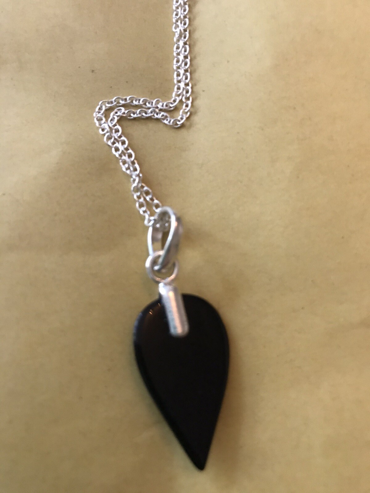 Black Onyx Modernist 925 Silver Pendant and Chain 20”.Leaf Design.UK SELLER.NEW