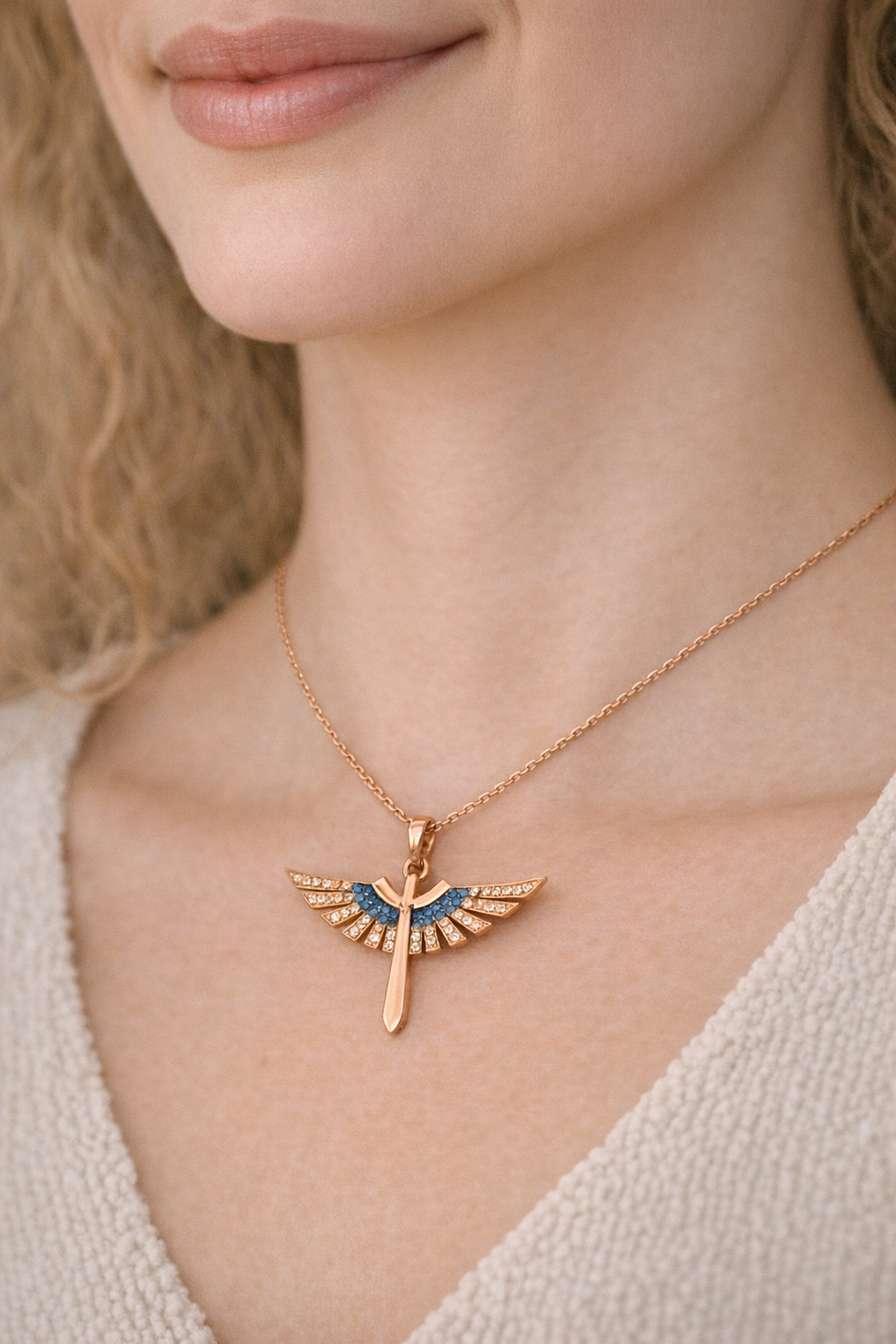 925 Sterling Silver Phoenix Sword Necklace Rose Gold Plated Turquoise Wings Gift