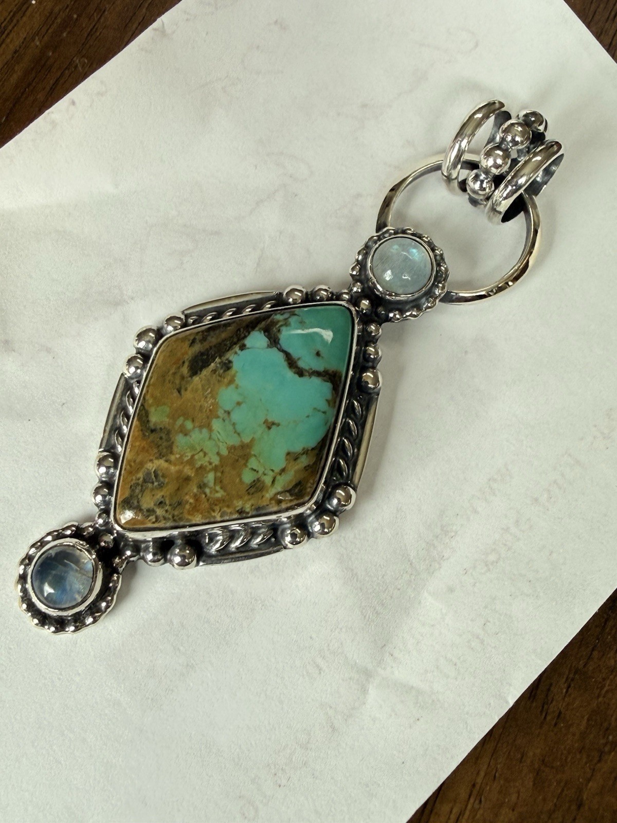 Natural Turquoise and Moonstone Sterling Silver Pendant Handmade Jewelry