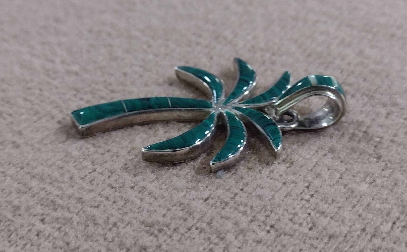 Malachite & Sterling Silver Palm Tree Pendant Stamped RR STERLING