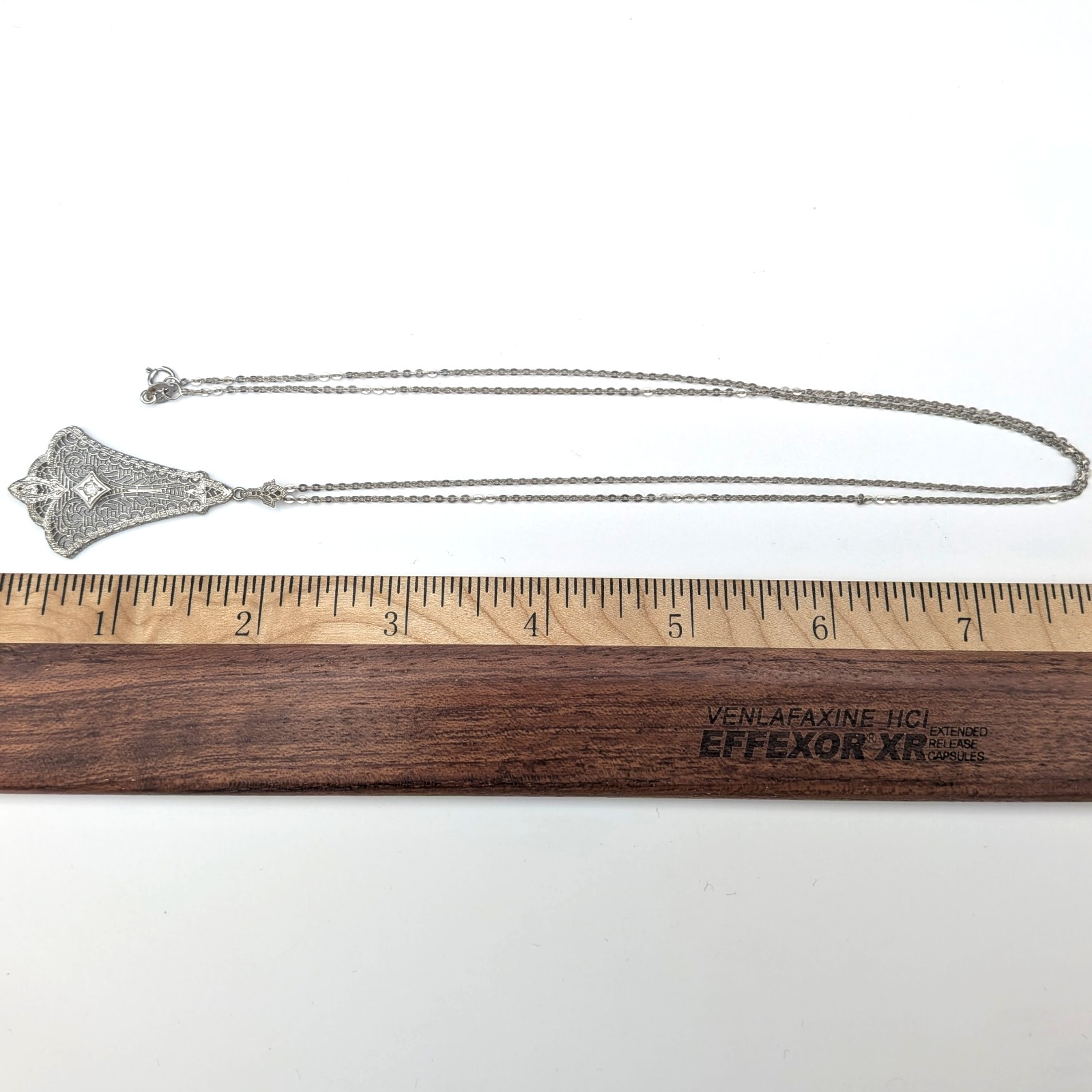 Antique 10k White Gold Filigree Pendant W/ Diamond On 14k White Gold Chain