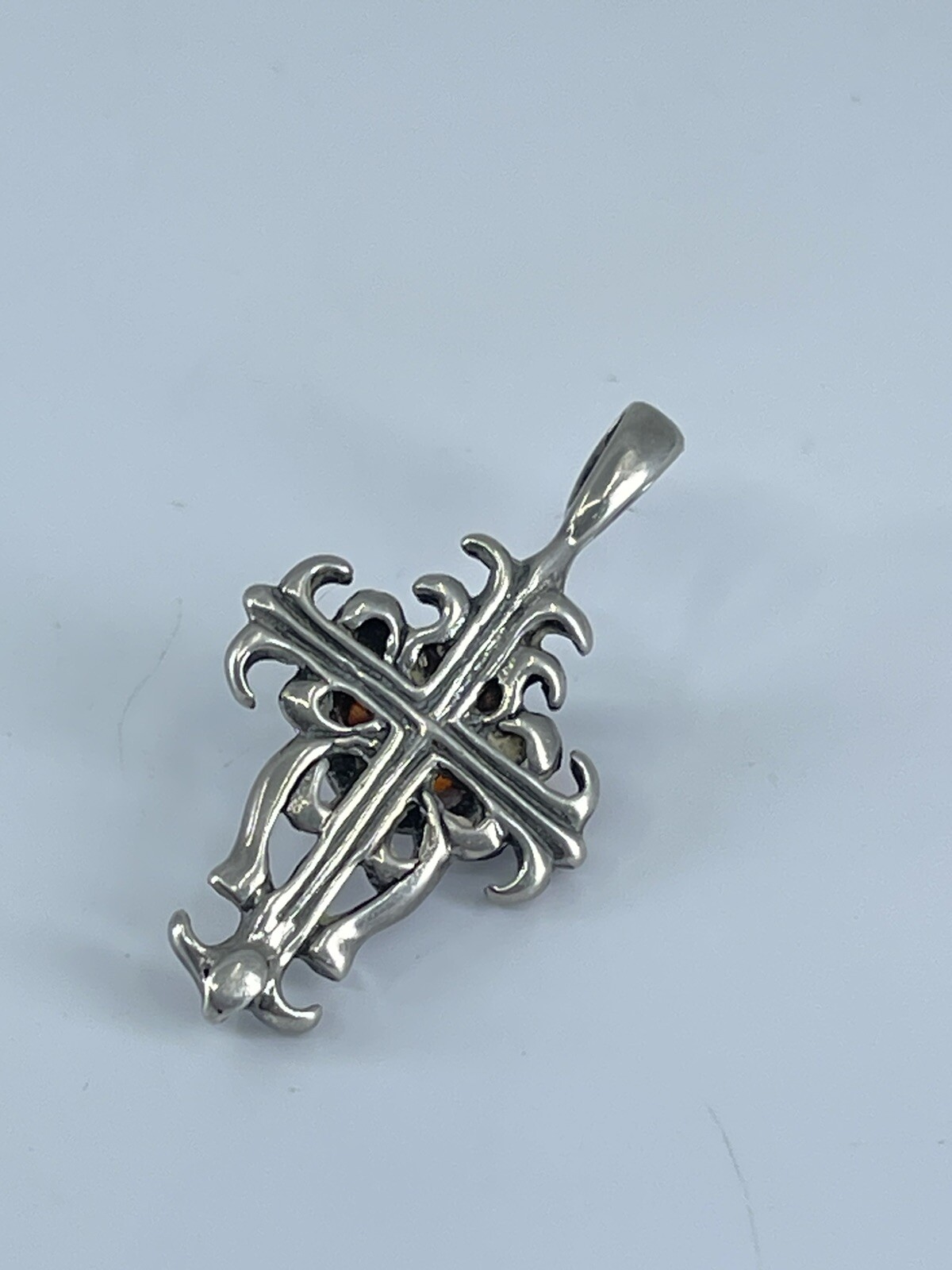 Sterling Silver Cross Pendant small orange cabochon filigree design 1-1/8″