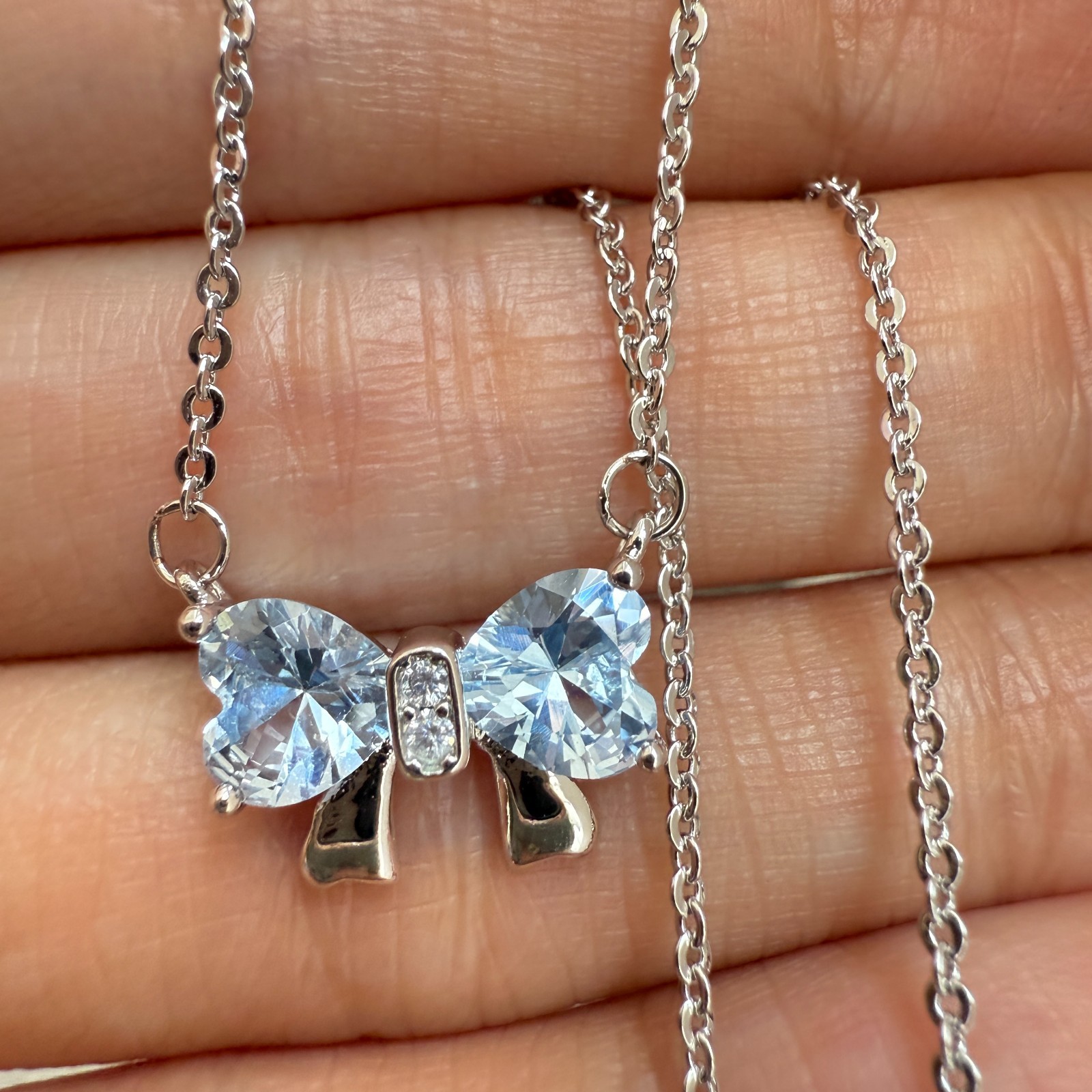 925 Sterling Silver Necklace 6mm Heart Natural Topaz Gemstone Zircon Chain Bow