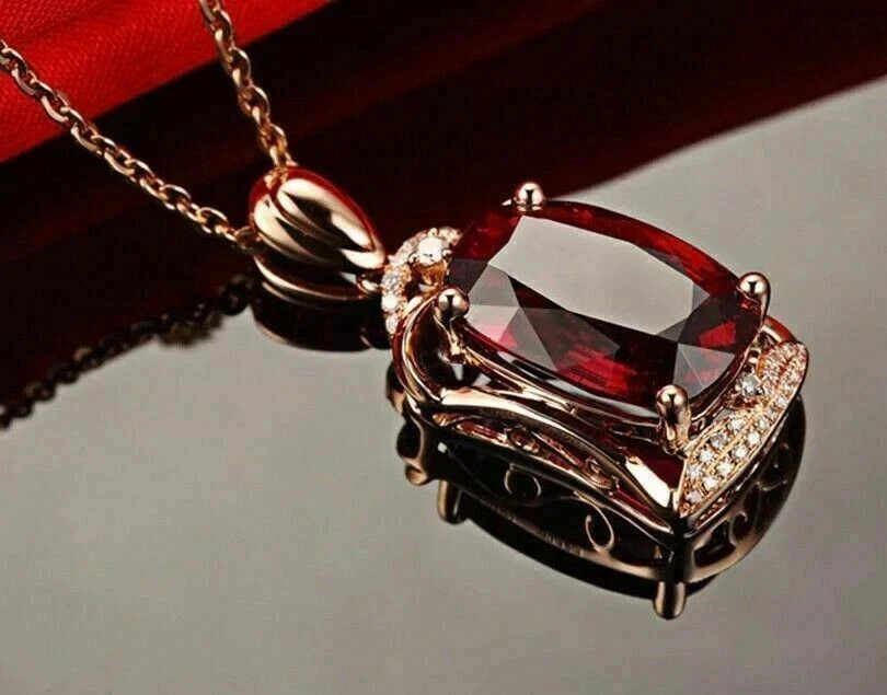 3CT Oval Lab Created Red Ruby Diamond Women’s Chain Pendant 14k Rose Gold Plated