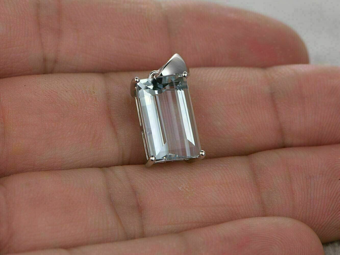 3Ct Emerald Cut Lab-Created Aquamarine Solitaire Pendant 14K White Gold Plated