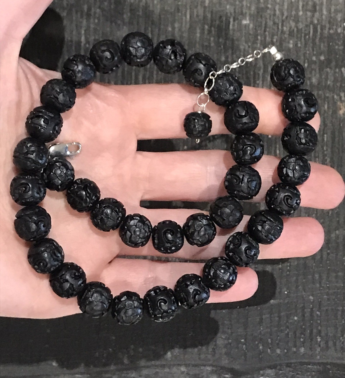 Sterling Silver 925 Black Plastic Beaded Textured Necklace 39.70 g 19” Unisex