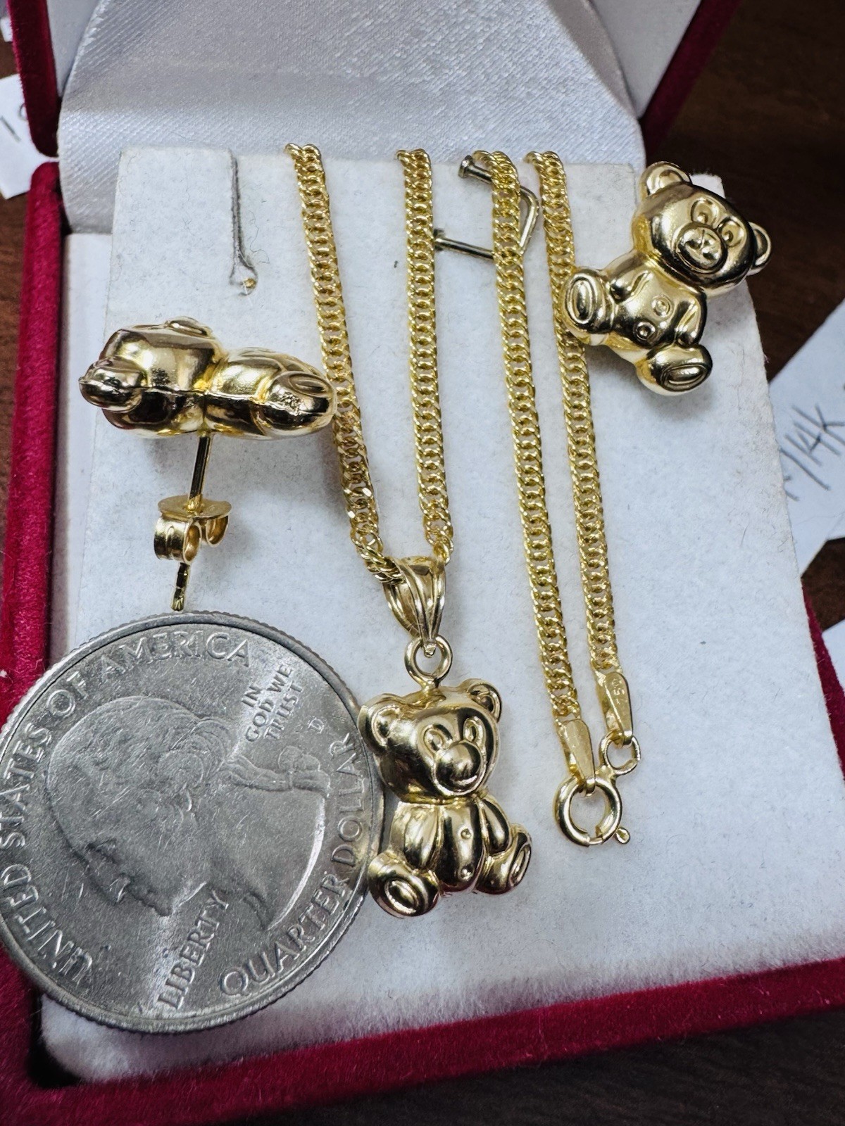 18K 750 Gold Bear Set Earring & Necklace 15.6”/16” Long 6.5g 2.2g
