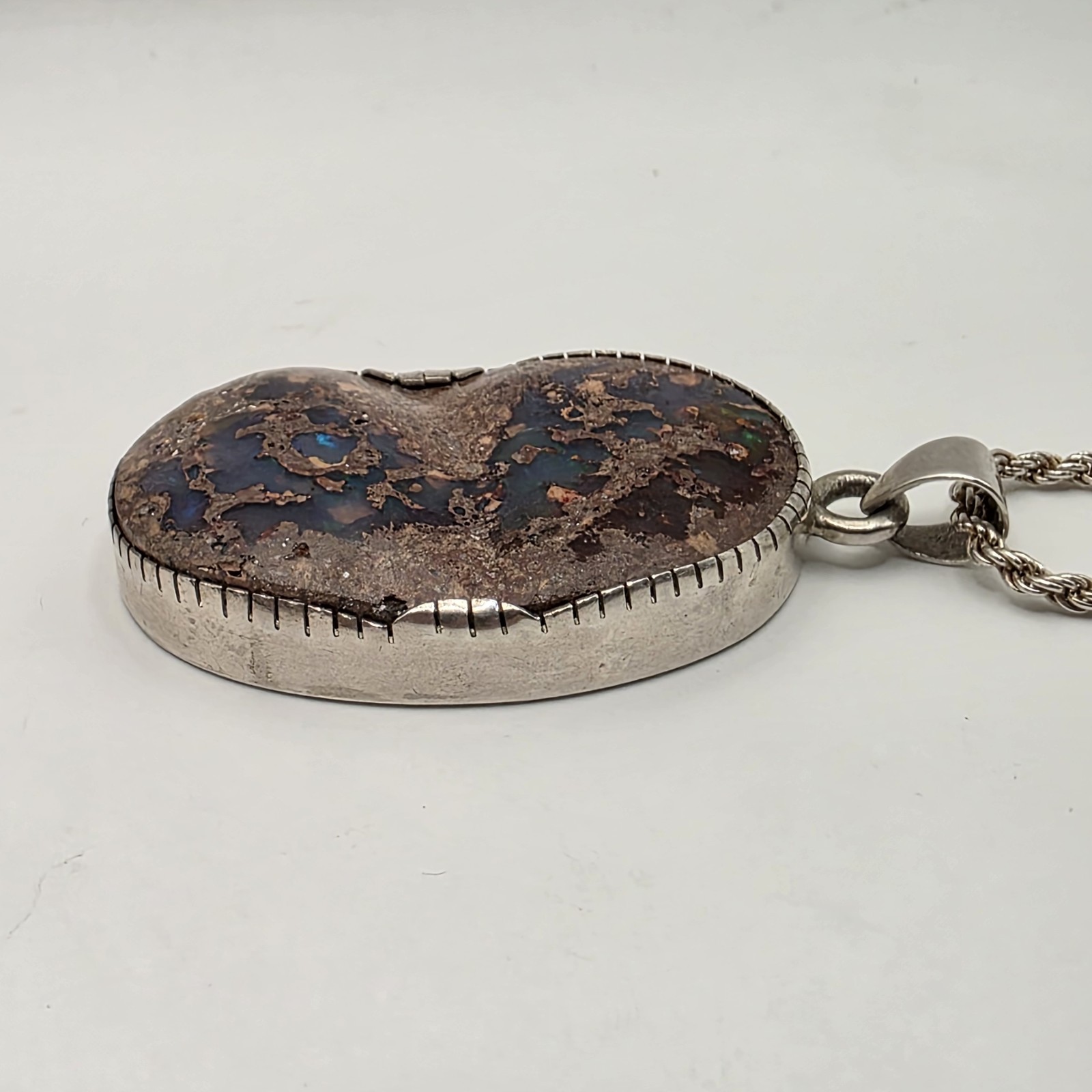 Vtg Natural Australian Boulder Opal Sterling Silver Pendant Necklace 30″ 42.5g