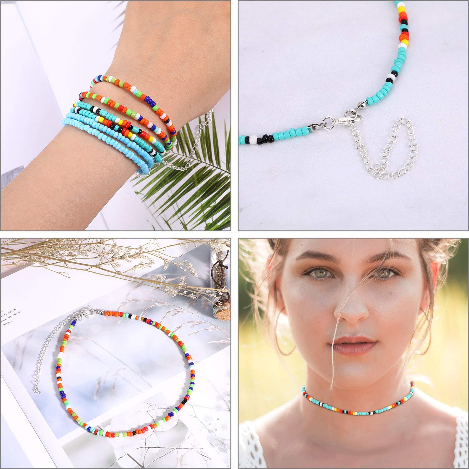 6 Pcs Bead Choker Necklace for Women Colorful Boho Glass Seed Bead Necklace Rain