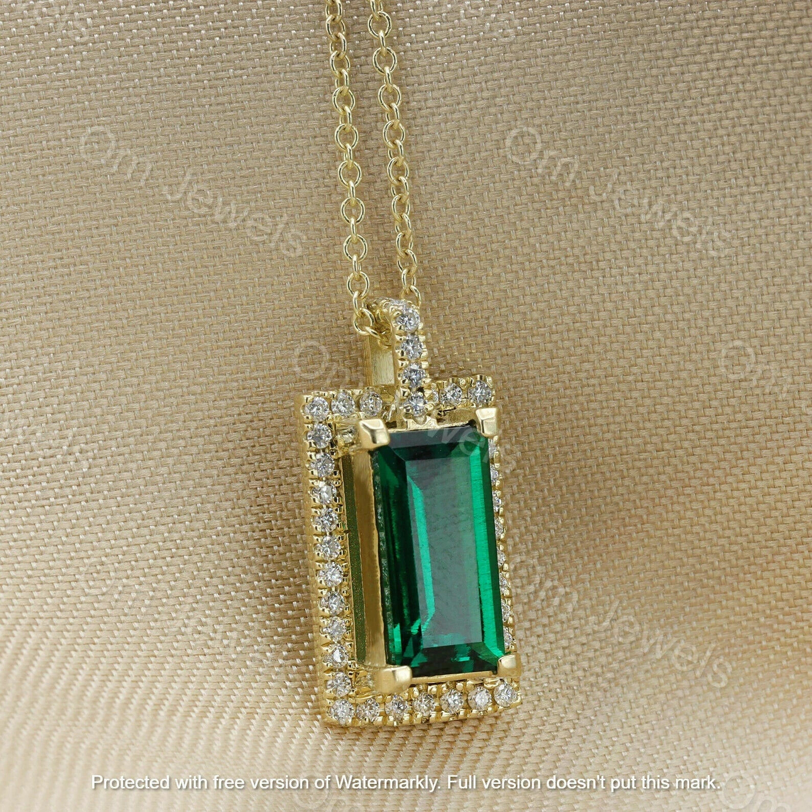 3.20Ct Emerald Cut Green Emerald Halo Pendant 14K Yellow Gold Finish 18″ Chain