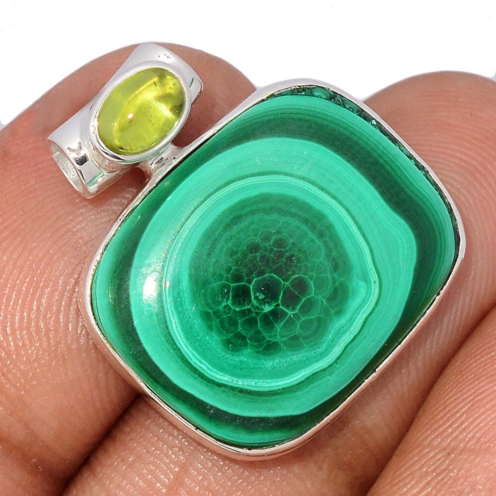 Natural Bulls Eye Malachite & Peridot 925 Silver Pendant Jewelry CP67302
