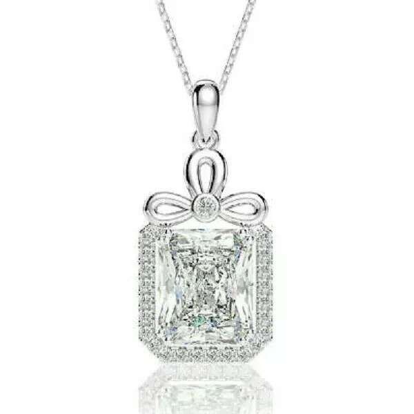 4Ct Emerald Cut VVS1/D Diamond Halo Pendant 18″ Free Chain 14K White Gold Finish