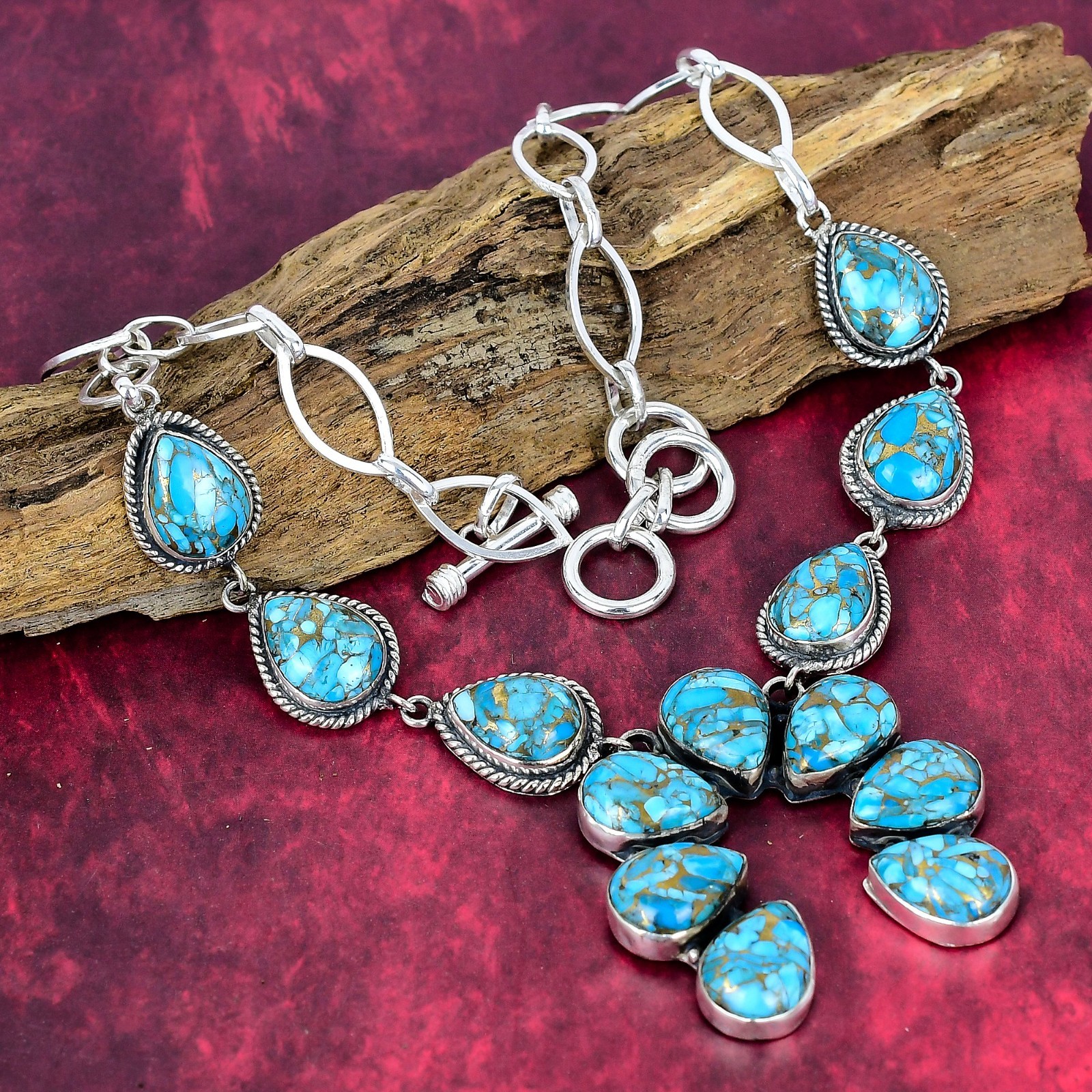 Copper Blue Turquoise Gemstone Handmade 925 Sterling Silver Jewelry Necklace