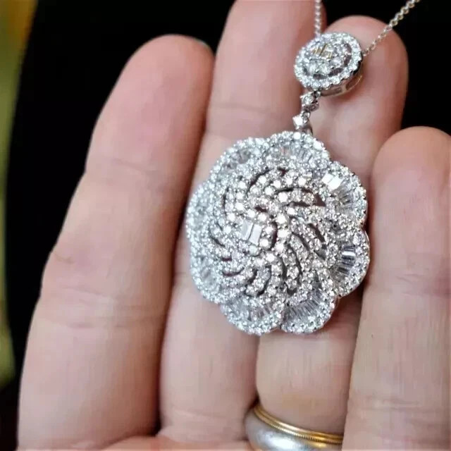 2Ct Baguette Cut Real Moissanite Cluster Flower Pendant 14K White Gold Plated