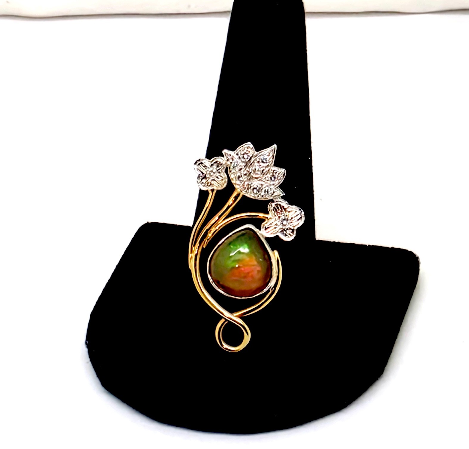 VINTAGE 14K WHITE/YELLOW GOLD OPAL & DIAMONDS SLIDE PENDANT,1 3/8″