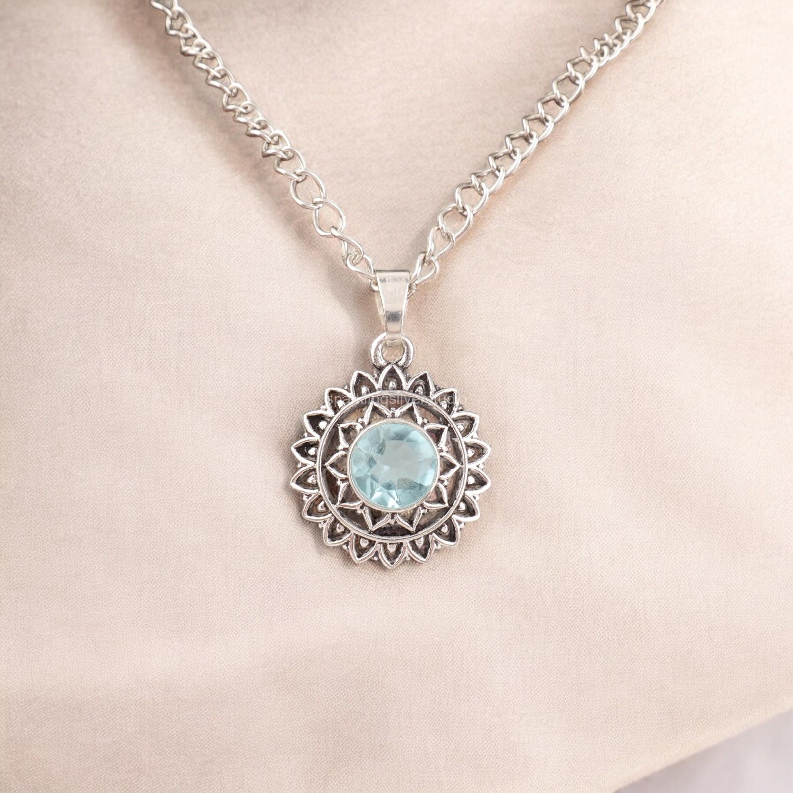 Sky Blue Topaz Stone Sterling Silver Elegant Wedding Bezel Anniversary Pendant