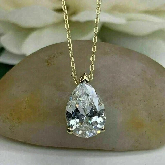 3Ct Pear Cut Lab-Created Diamond Solitaire Pendant Chain 14K Yellow Gold Plated